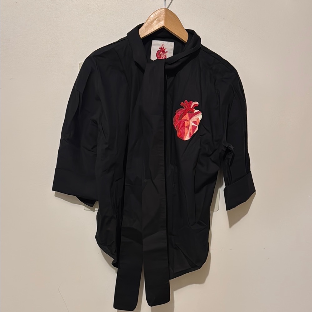 Black tailored button up 3/4 sleeve shirt with Heart Patch over the heart.